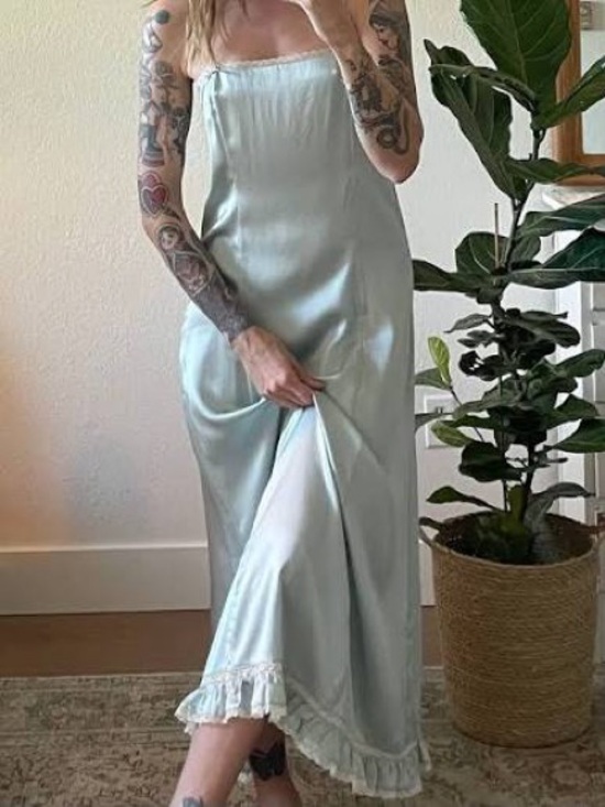 Doen Dresses & Skirts - Doen Celano Dress Silk Dusty Blue with lace ruffle trim